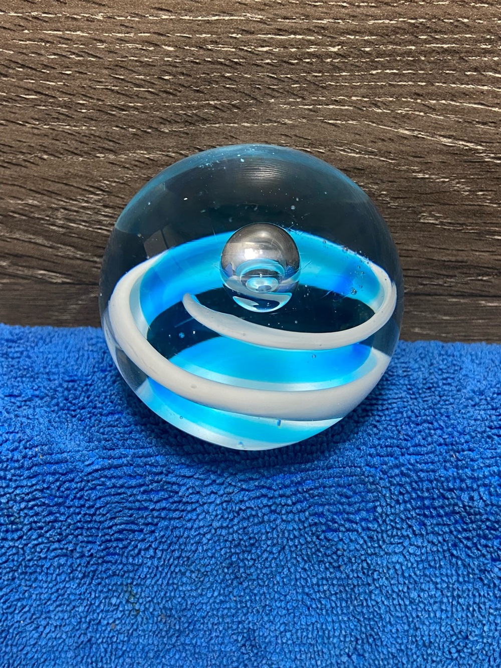 Vintage Sky Blue Swirl & Bubble Art Glass Clear Paperweight